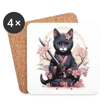 Chat kawaii en tenue samourai avec style Japonais - Dessous de verre (lot de 4) - blanc - Devant