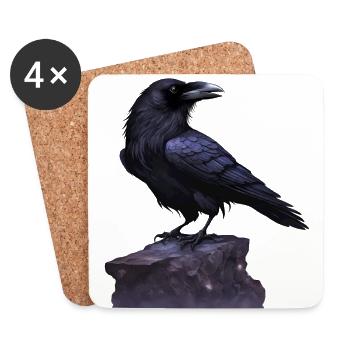 large raven on stone - nature motif - raven bird - Coasters (set of 4) - white - Front