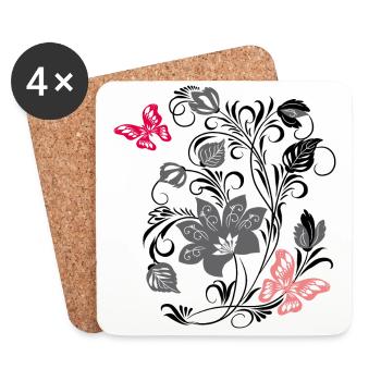 Floral ornament with butterfly - Coasters (set of 4) - white - Front