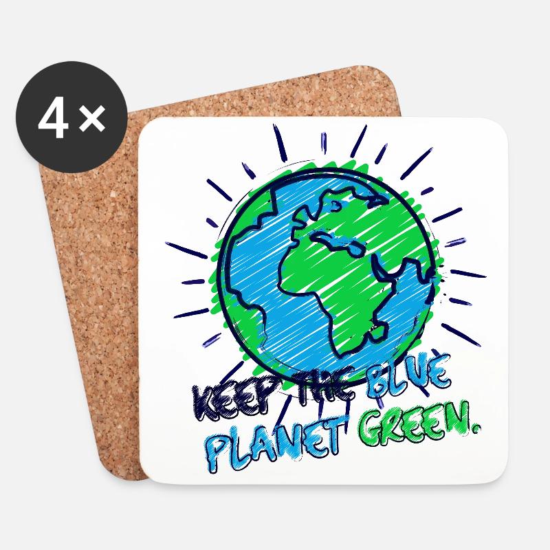 Terre et lettrage (bleu, planète, vert) - Dessous de verre (lot de 4) - blanc