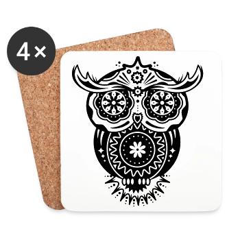 an owl with different decorations in the style of - Coasters (set of 4) - white - Front
