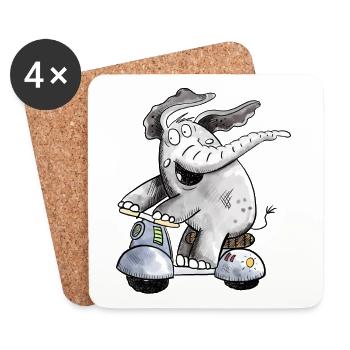 Happy Elephant Rides Scooter Fun Animal Motif Gift - Coasters (set of 4) - white - Front