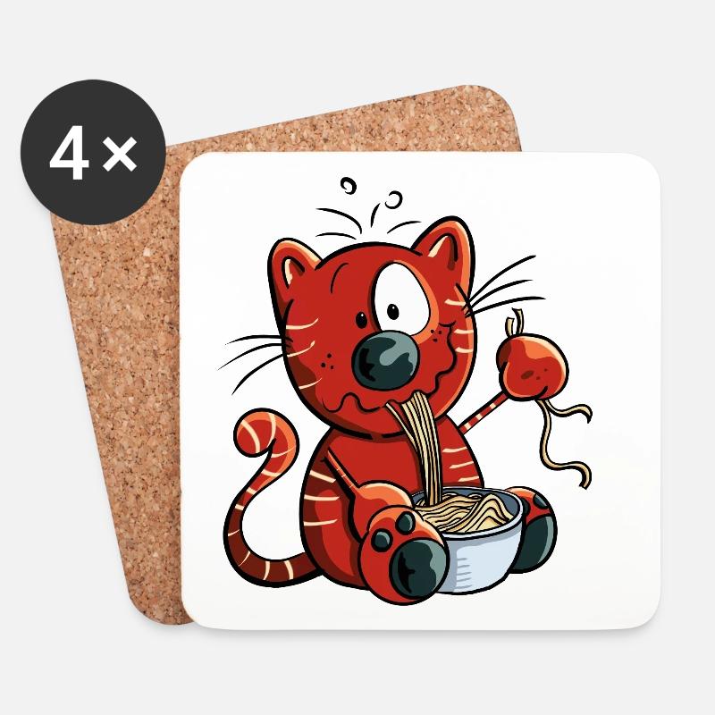 Katze genießt Spaghetti - Untersetzer (4er-Set) - Weiß