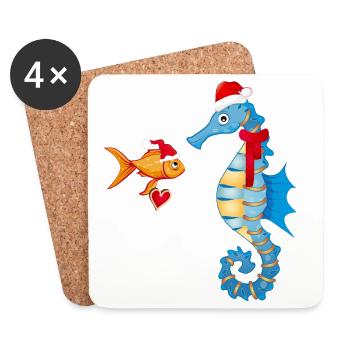 Fisch und Seepferdchen in Weihnachtsstimmung - Untersetzer (4er-Set) - Weiß - Vorne