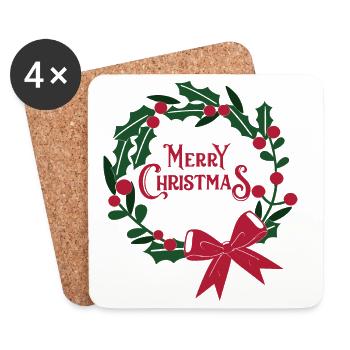 Couronne de Noël avec ruban rouge - Dessous de verre (lot de 4) - blanc - Devant