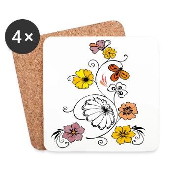 Fleur vigne avec papillon - Dessous de verre (lot de 4) - blanc - Devant
