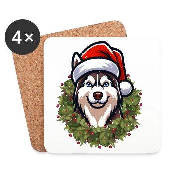 Husky de Noël : chien mignon avec chapeau de père Noël - Dessous de verre (lot de 4) - blanc - Devant
