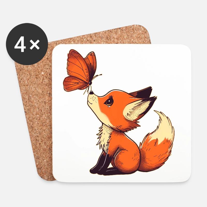 Renard avec papillon - Dessous de verre (lot de 4) - blanc