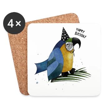 Happy Birthday Parrot Illustration - Coasters (set of 4) - white - Front