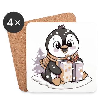 Niedlicher Pinguin mit Geschenk an Weihnachten - Untersetzer (4er-Set) - Weiß - Vorne