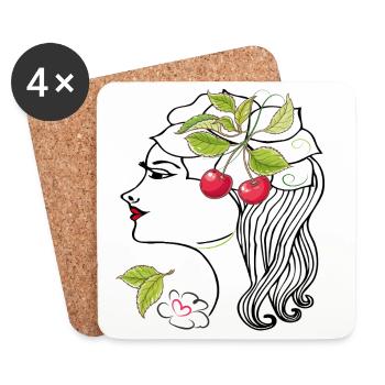 Tête de femme aux cerises - Dessous de verre (lot de 4) - blanc - Devant