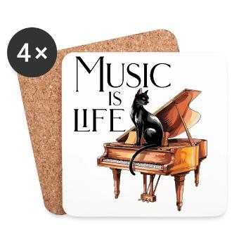 Music is Life - Black Cat pianiste au piano - Dessous de verre (lot de 4) - blanc - Devant