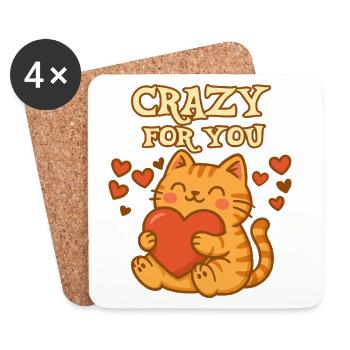 Cute Cat with 'Crazy for You' Text - Coasters (set of 4) - white - Front