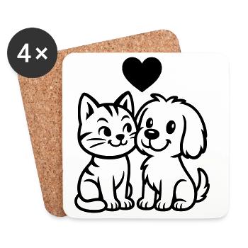 Cute dog and cute cat with heart - Coasters (set of 4) - white - Front