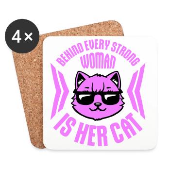 Derrière chaque femme forte se trouve son chat Spruch Katze - Dessous de verre (lot de 4) - blanc - Devant