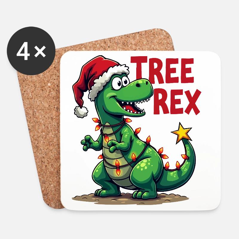 Christmas Dino – Lustiger T-Rex mit Weihnachtsbaum - Untersetzer (4er-Set) - Weiß