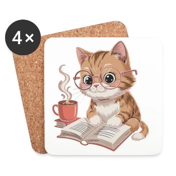 LeseKatz Katze mit Brille und Kaffee - Untersetzer (4er-Set) - Weiß - Vorne