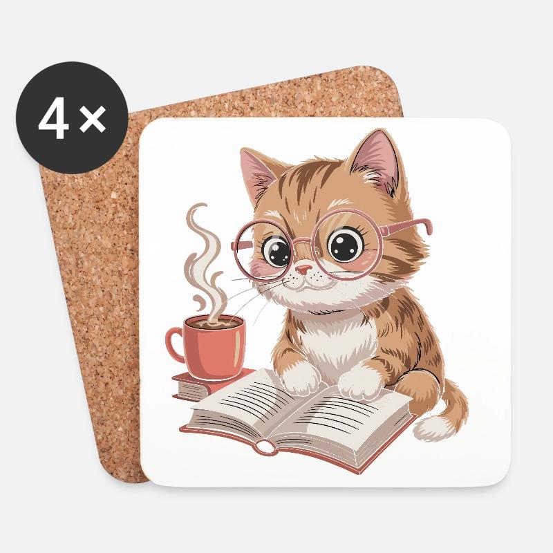 LeseKatz Katze mit Brille und Kaffee - Untersetzer (4er-Set) - Weiß