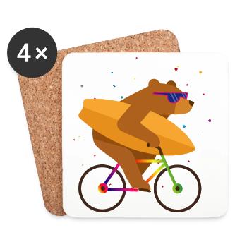 Bear on bicycle with surfboard and sunglasses - Coasters (set of 4) - white - Front