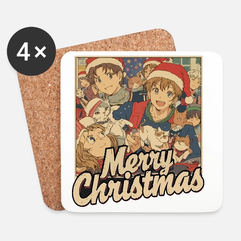 Anime Katzen Weihnachtsparty - Untersetzer (4er-Set) - Weiß