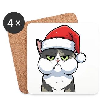 Dessin animé de Noël du chat agacé au chapeau - Dessous de verre (lot de 4) - blanc - Devant