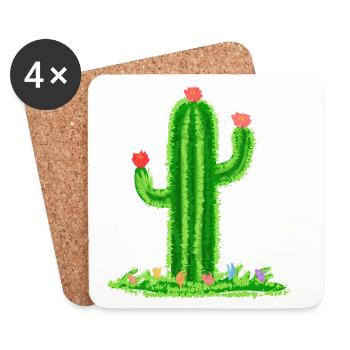 Cactus avec fleurs - Dessous de verre (lot de 4) - blanc - Devant