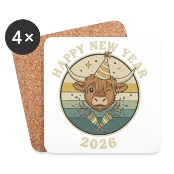 Highland Cow Silvester 2026 Lustiges Partyhut - Untersetzer (4er-Set) - Weiß - Vorne