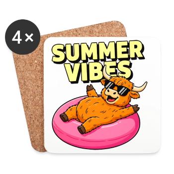 Vache des Highlands Summer Vibes sur Pink Float - Dessous de verre (lot de 4) - blanc - Devant
