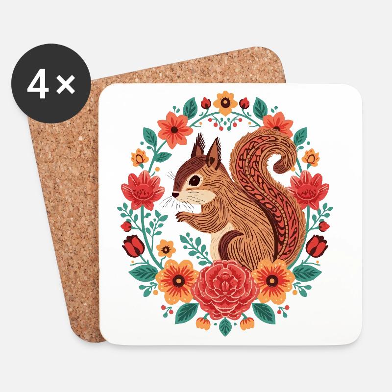 Eichhörnchen im Blumenkreis - Untersetzer (4er-Set) - Weiß
