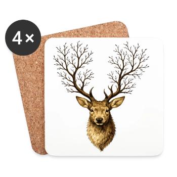 Hirschkopf mit Baumgeweih – Mystischer Waldgeist - Untersetzer (4er-Set) - Weiß - Vorne