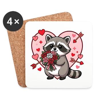 Kawaii Waschbär-Valentins-Blumenherz - Untersetzer (4er-Set) - Weiß - Vorne