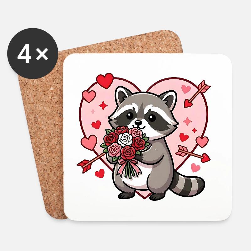 Kawaii Waschbär-Valentins-Blumenherz - Untersetzer (4er-Set) - Weiß
