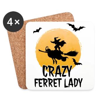 Crazy Ferret Lady - Witch with a Ferret on a broom - Coasters (set of 4) - white - Front