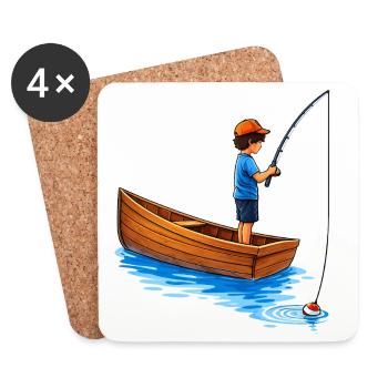 Boy fishing in boat illustration - Coasters (set of 4) - white - Front