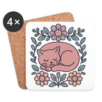 Chat rose endormi dans une couronne de fleurs - Dessous de verre (lot de 4) - blanc - Devant