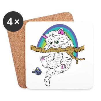 Chat sur branche joue avec un papillon - Dessous de verre (lot de 4) - blanc - Devant