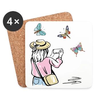 Girl photographing butterflies - Coasters (set of 4) - white - Front