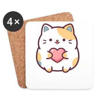 Kawaii Cat Heart Cartoon Motif for Cats Fans - Coasters (set of 4) - white - Front
