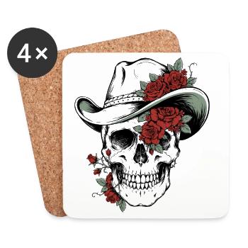 Skull Skull Cowboy Hat Roses Blossoms Western - Coasters (set of 4) - white - Front