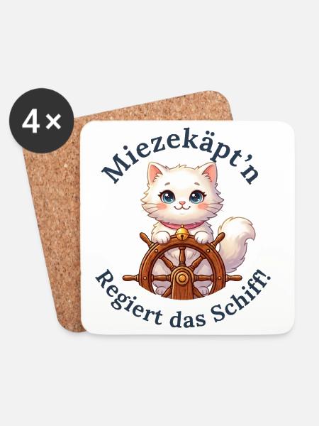 Miezekäpt'n regiert das Schiff - Untersetzer (4er-Set) - Weiß