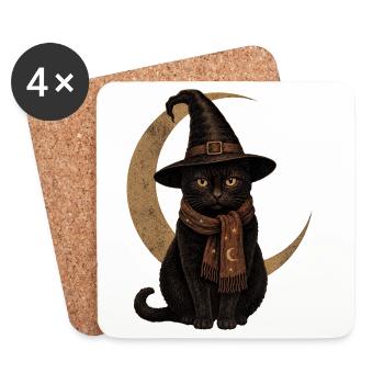 T-shirt vintage d’Halloween Chat Noir Chapeau de Sorcière - Dessous de verre (lot de 4) - blanc - Devant