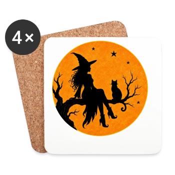 Sorcière d’Halloween avec un motif de t-shirt de chat en pleine lune - Dessous de verre (lot de 4) - blanc - Devant