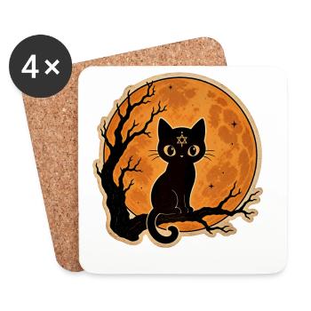 Chat noir devant une pleine lune Motif d’Halloween - Dessous de verre (lot de 4) - blanc - Devant