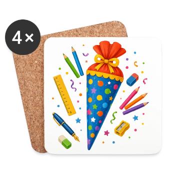 Cône d’école coloré avec les fournitures scolaires - Dessous de verre (lot de 4) - blanc - Devant