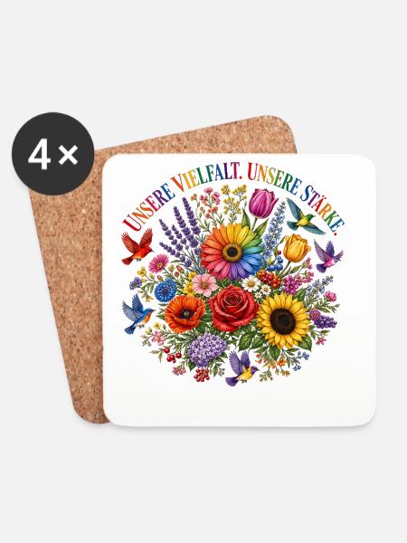 Unsere Vielfalt Unsere Stärke Blumenmotiv Pride - Untersetzer (4er-Set) - Weiß