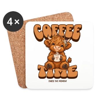 Süßes Hochlandrind Kaffee T-Shirt – Coffee Time - Untersetzer (4er-Set) - Weiß - Vorne