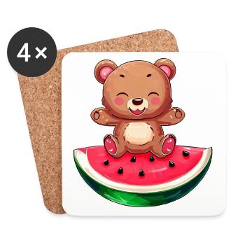L’ours s’assoit sur la pastèque - Mignon - Dessous de verre (lot de 4) - blanc - Devant