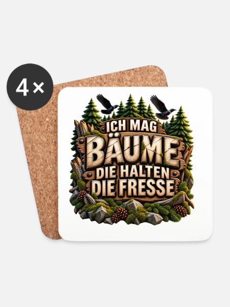 Ich mag Bäume Spruch – Holzoptik & Raben - Untersetzer (4er-Set) - Weiß
