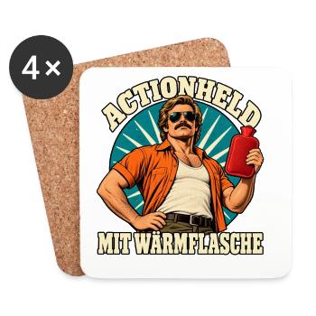 Actionheld mit Wärmflasche - Untersetzer (4er-Set) - Weiß - Vorne