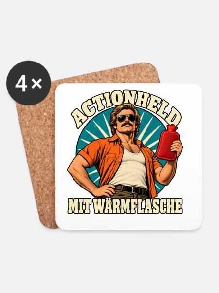 Actionheld mit Wärmflasche - Untersetzer (4er-Set) - Weiß